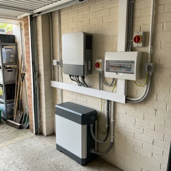Home solar inverter and battery storage unit neatly installed on a garage wall