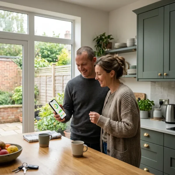 Homeowners checking their solar generation on a monitoring app at home