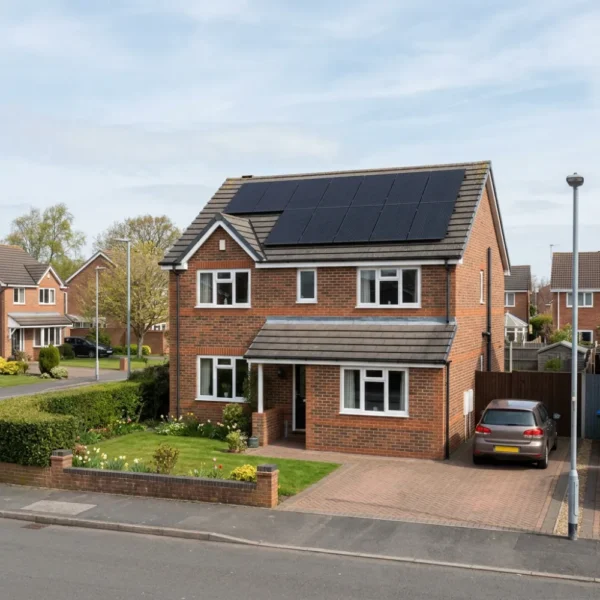 Black residential solar panels on the south-facing roof of a detached family home