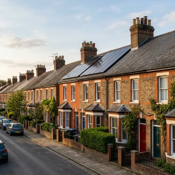 Solar panels fitted on the slate roof of a Victorian terraced house